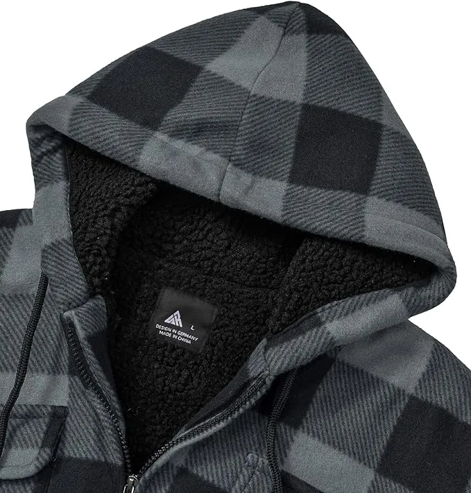 Men's Sherpa Black/Grey Lined Zip Up Hooded Long Sleeve Jacket