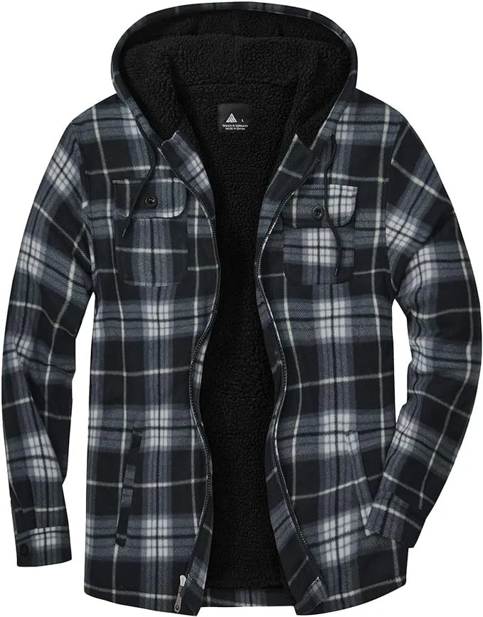 Men's Sherpa Black/Grey Lined Zip Up Hooded Long Sleeve Jacket
