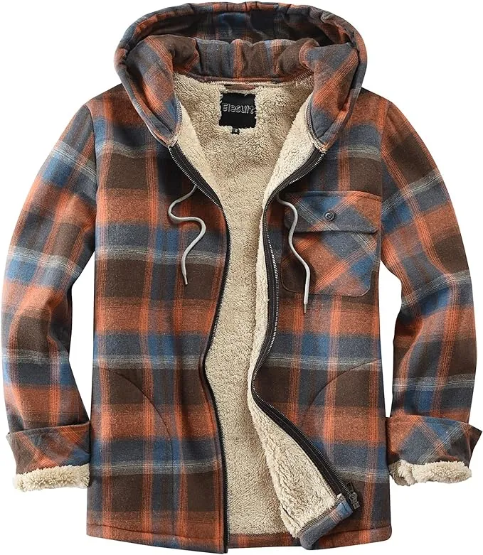 Men's Sherpa Grey & White Plaid Hooded Long Sleeve Jacket