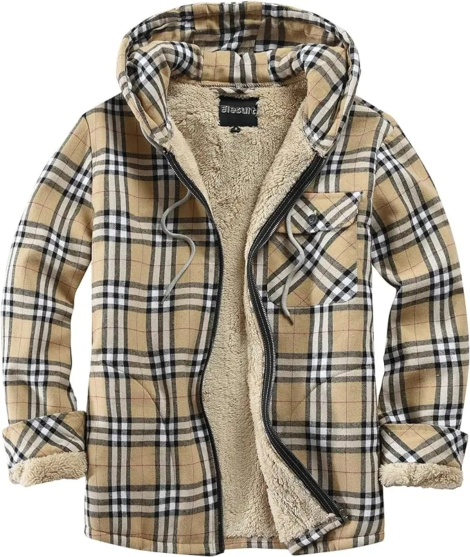 Men's Sherpa Grey & White Plaid Hooded Long Sleeve Jacket