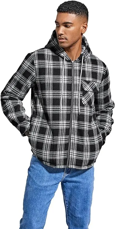 Men's Sherpa Grey & White Plaid Hooded Long Sleeve Jacket