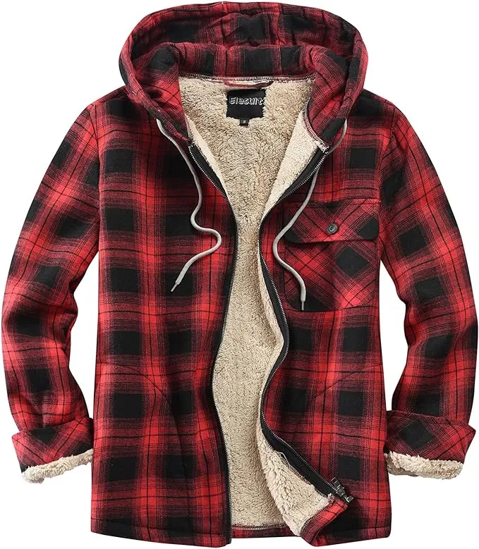 Men's Sherpa Grey & White Plaid Hooded Long Sleeve Jacket