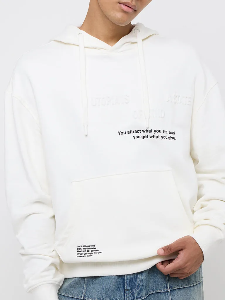Nuon White Text Embossed Relaxed-Fit Cotton Hoodie