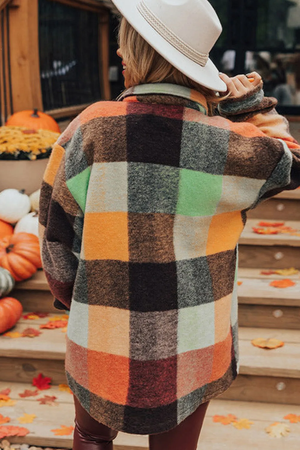 Orange Plaid Print Flap Pocket Shacket