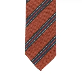 Orange Shantung silk tie with blue & brown stripe, hand-rolled