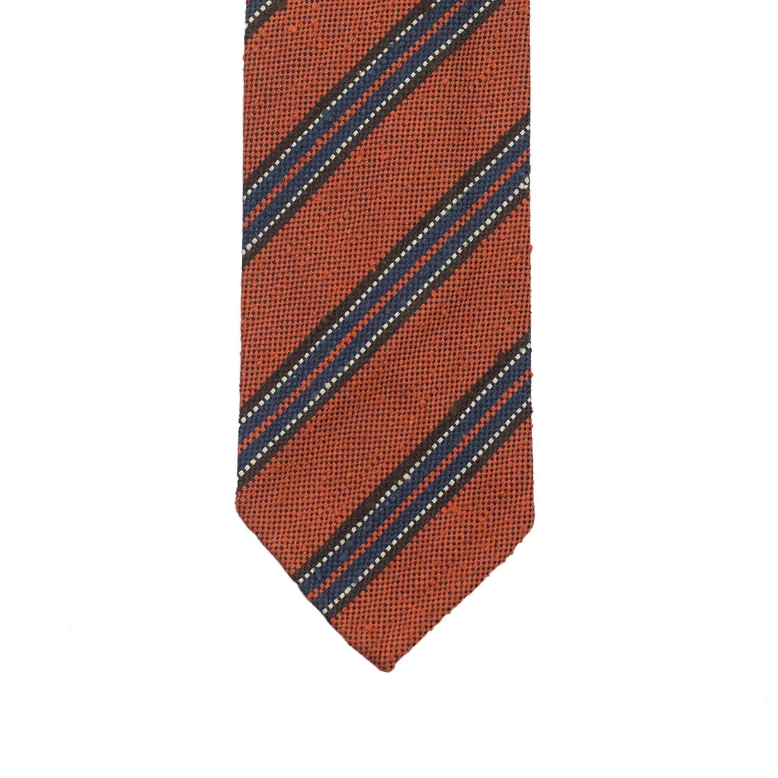 Orange Shantung silk tie with blue & brown stripe, hand-rolled