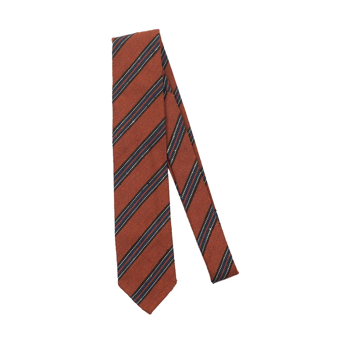 Orange Shantung silk tie with blue & brown stripe, hand-rolled