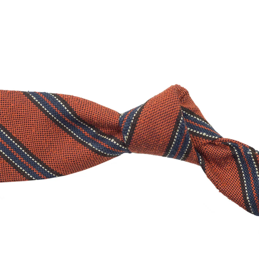 Orange Shantung silk tie with blue & brown stripe, hand-rolled
