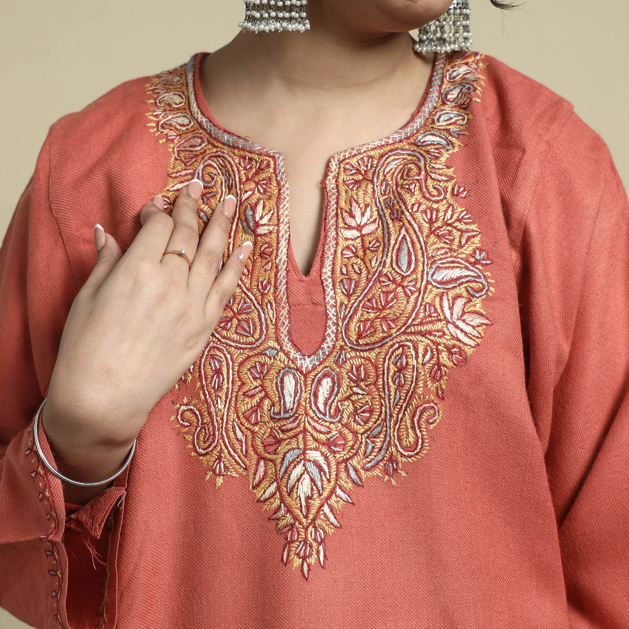 Orange - Sozni Embroidery Kashmiri Cashmilon Wool Pheran
