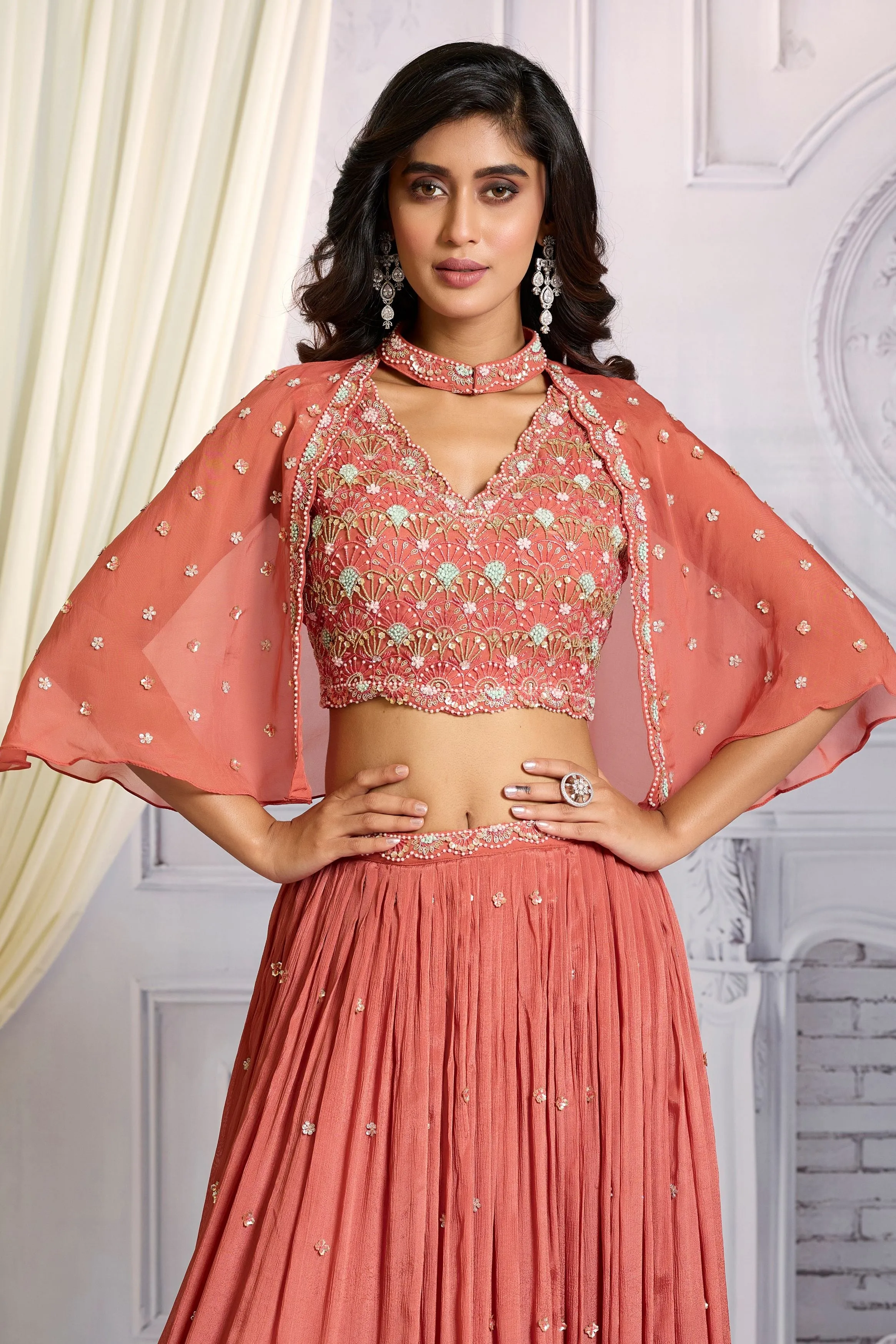 Peach Pink Embellished Chinon Silk Cape-Skirt Set