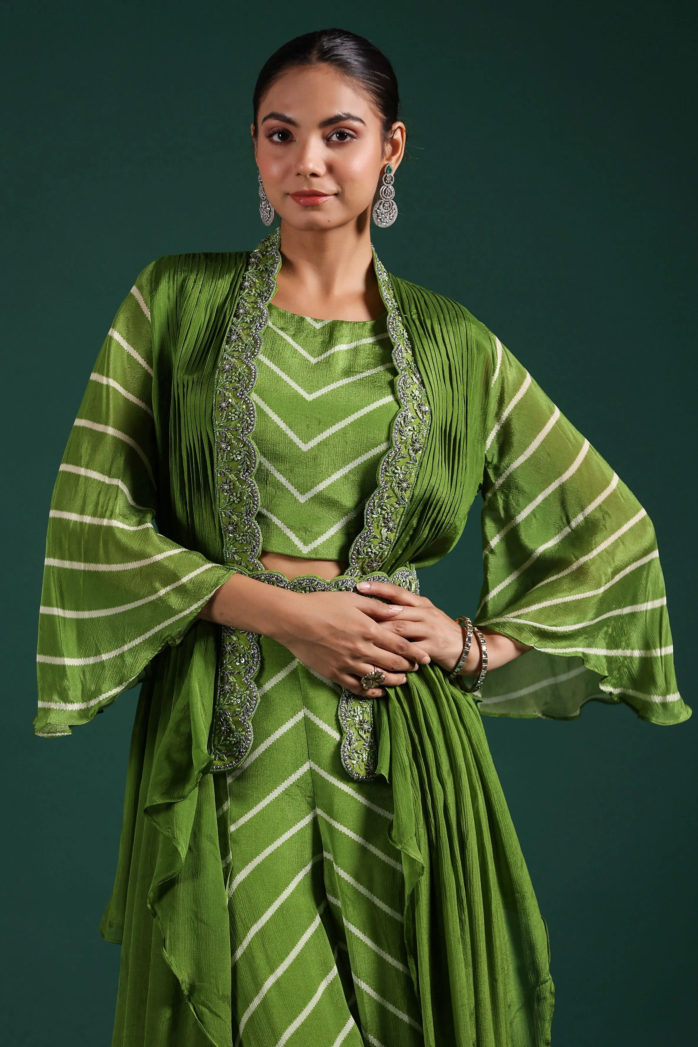 Pear Green Leheria Printed Chinon Silk Cape Set