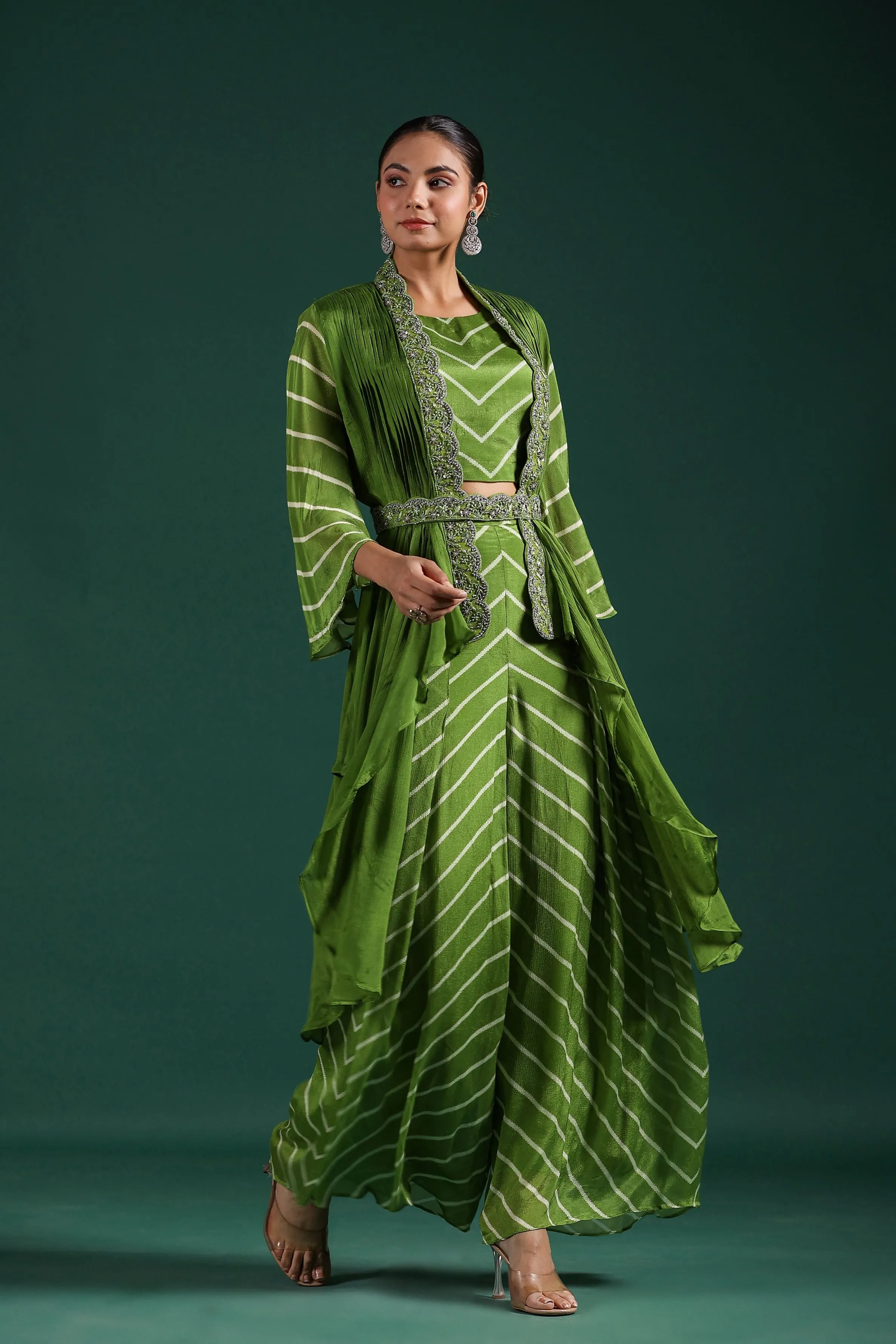 Pear Green Leheria Printed Chinon Silk Cape Set