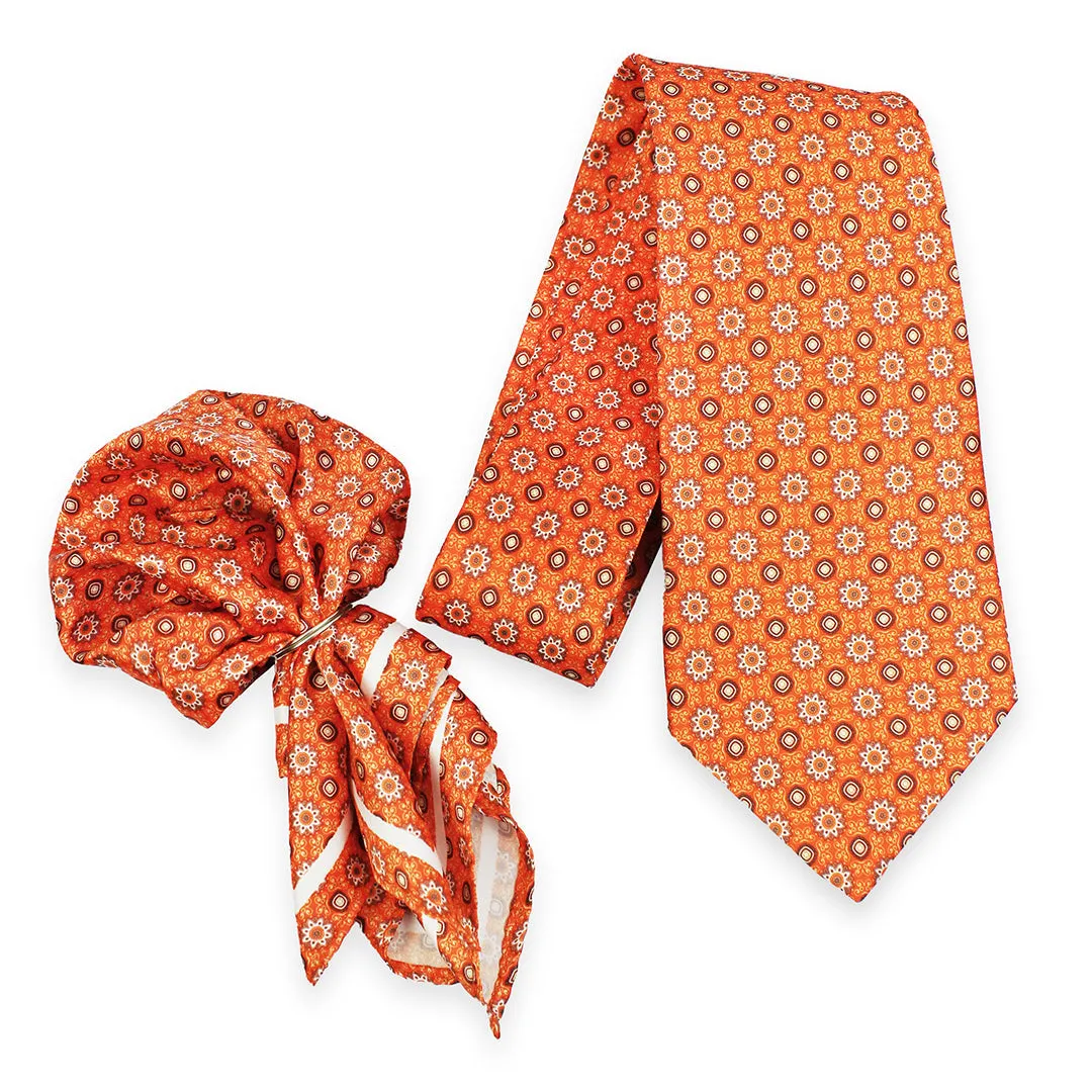 Peluche Sunny Bouquet Orange Broad Neck Tie & Pocket Square Set for Men
