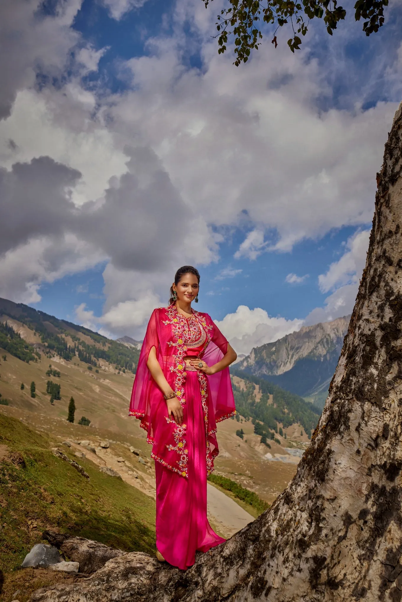 Rani Pink Embroidered Skirt Set with Cape