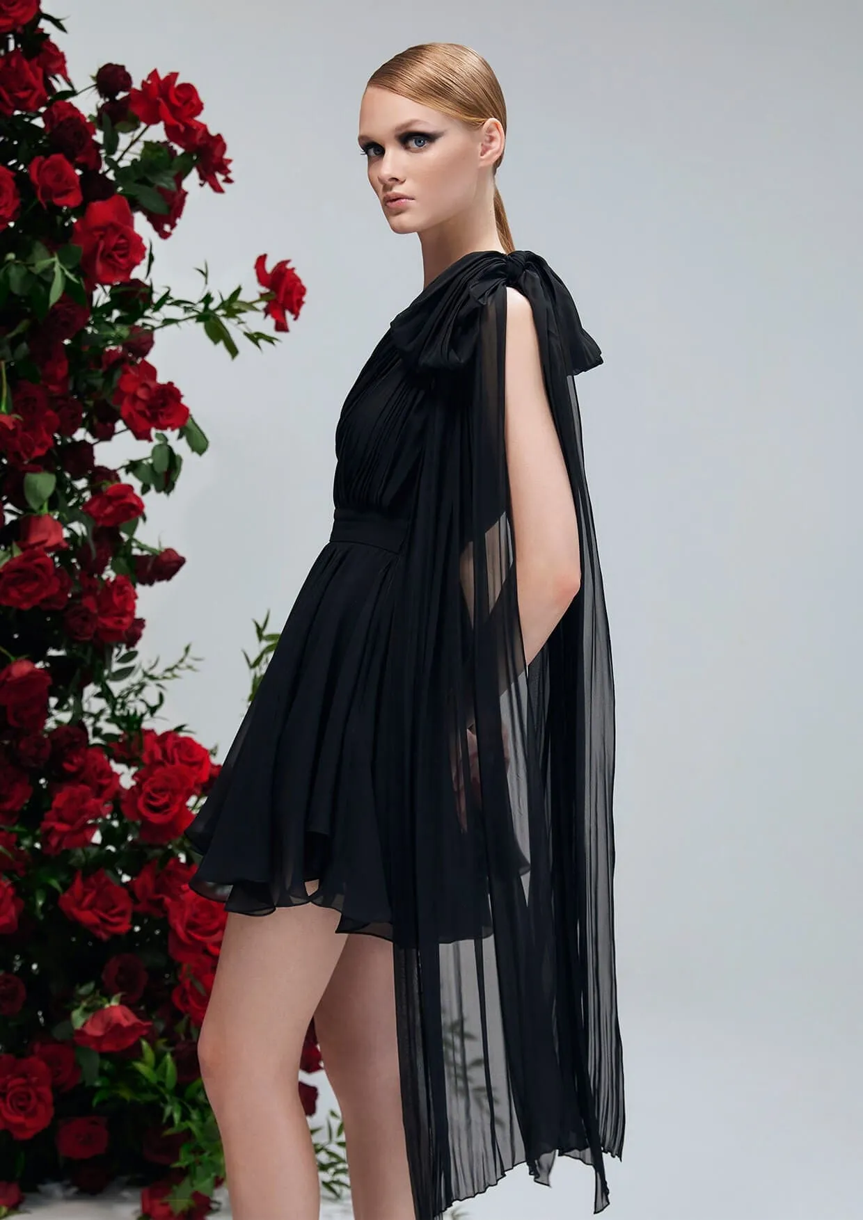 Sarracenia Noir Cape-Sleeve Silk Chiffon Mini Dress