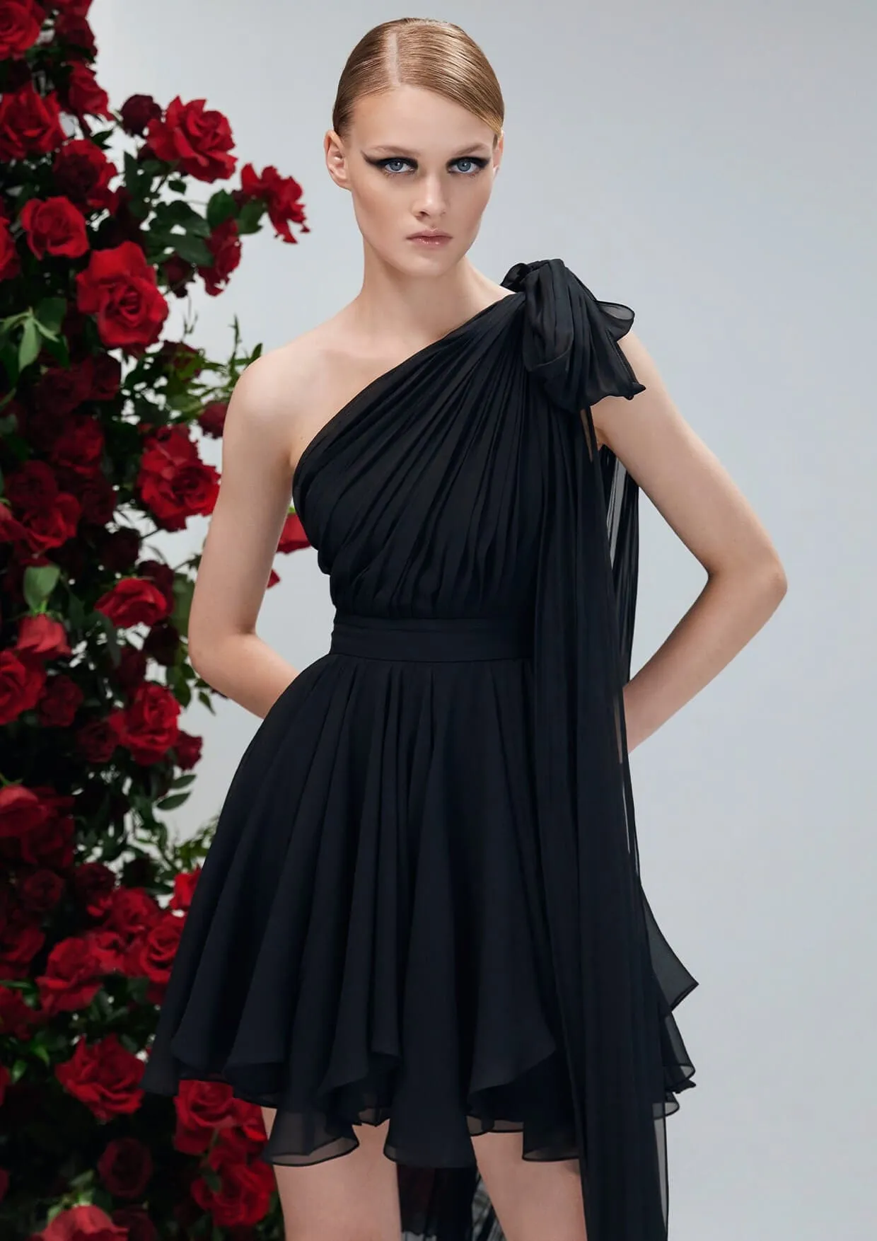 Sarracenia Noir Cape-Sleeve Silk Chiffon Mini Dress