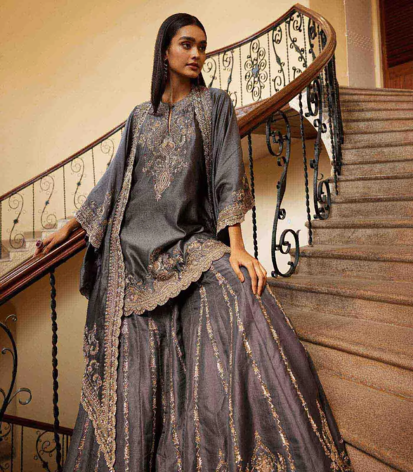 Teal grey sharara cape Set