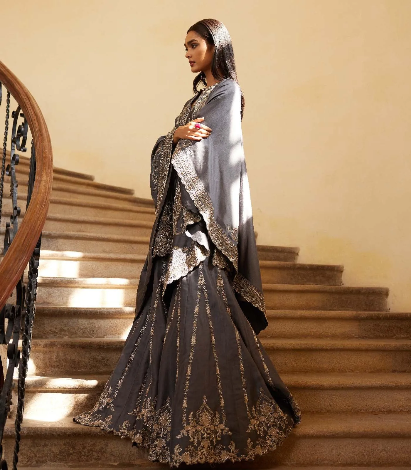 Teal grey sharara cape Set