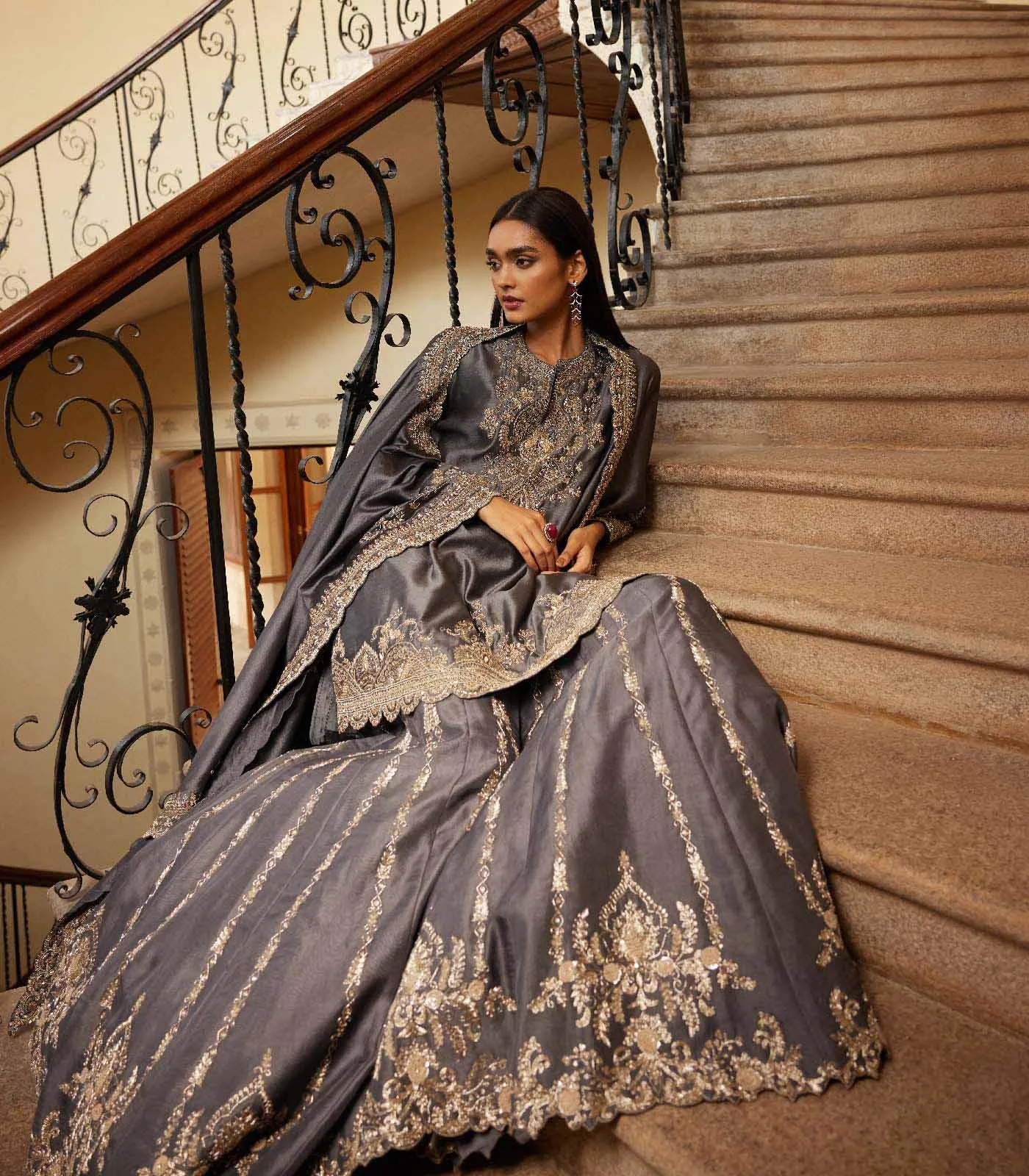 Teal grey sharara cape Set