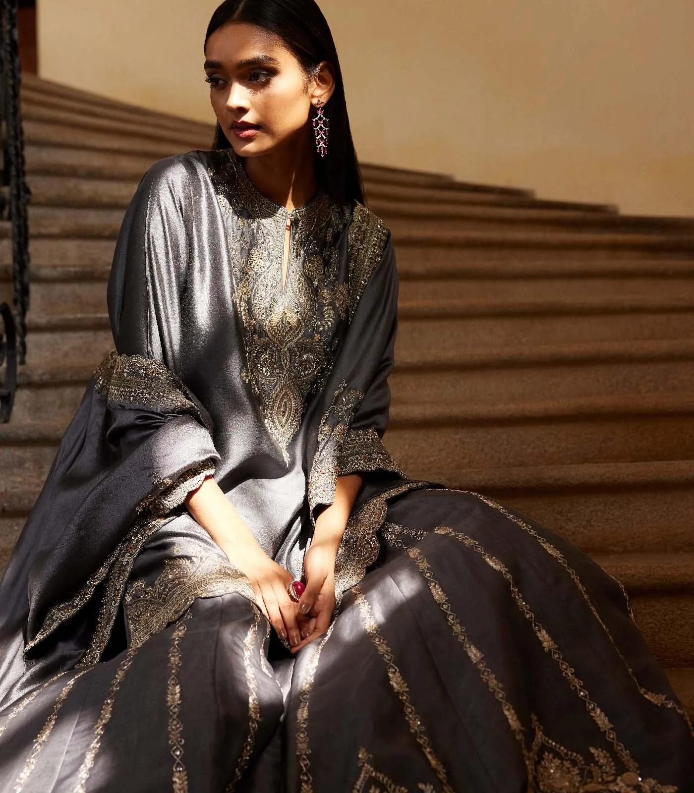 Teal grey sharara cape Set