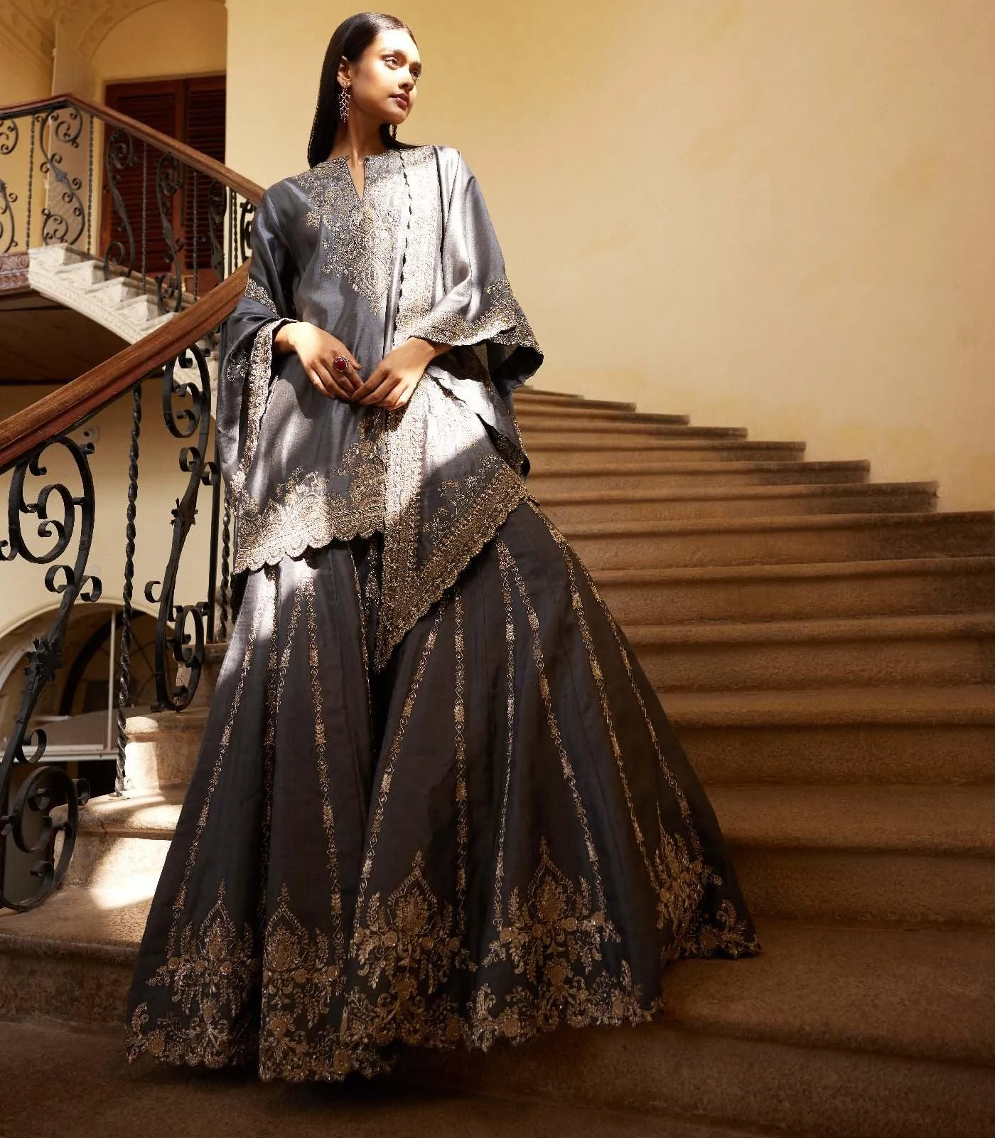 Teal grey sharara cape Set