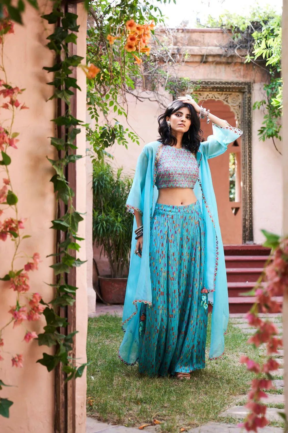 Turquoise Satin Silk Cape Set