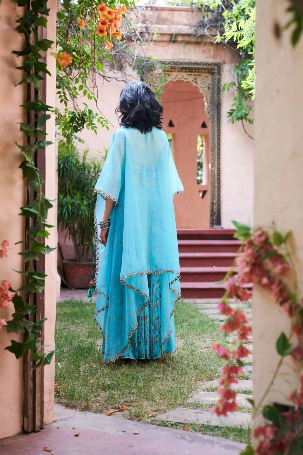 Turquoise Satin Silk Cape Set