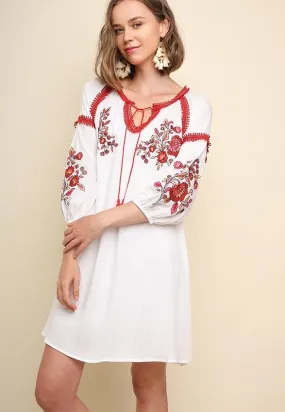 Umgee Red White Embroidered Dress - Off White