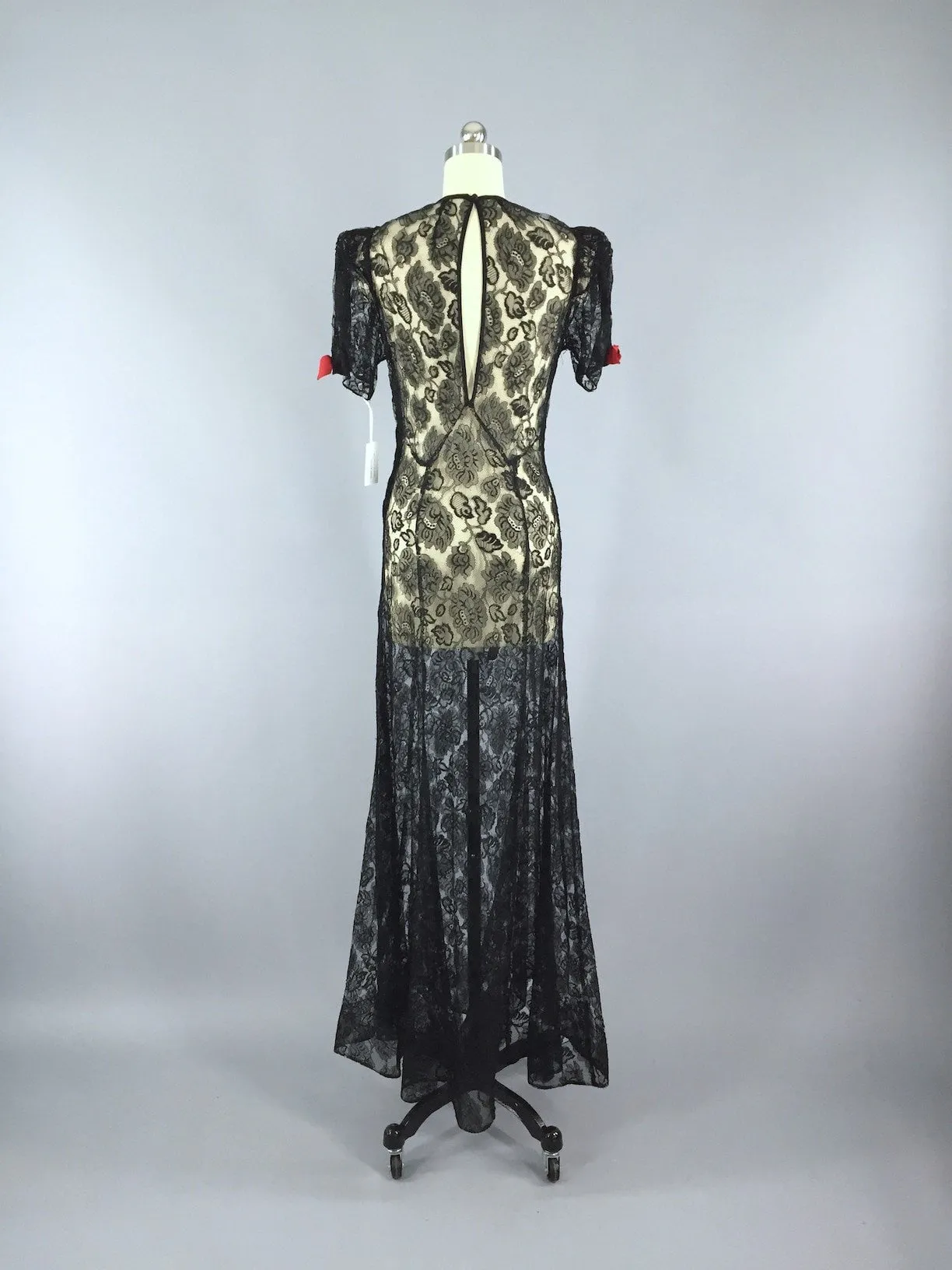Vintage 1930s Maxi Dress / Black Lace