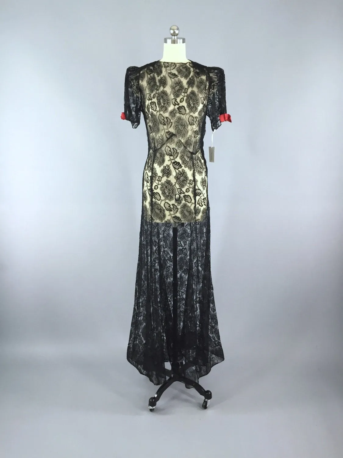 Vintage 1930s Maxi Dress / Black Lace