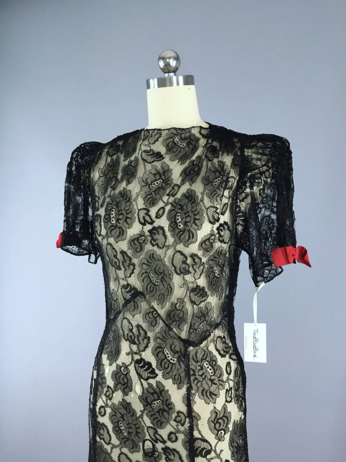 Vintage 1930s Maxi Dress / Black Lace