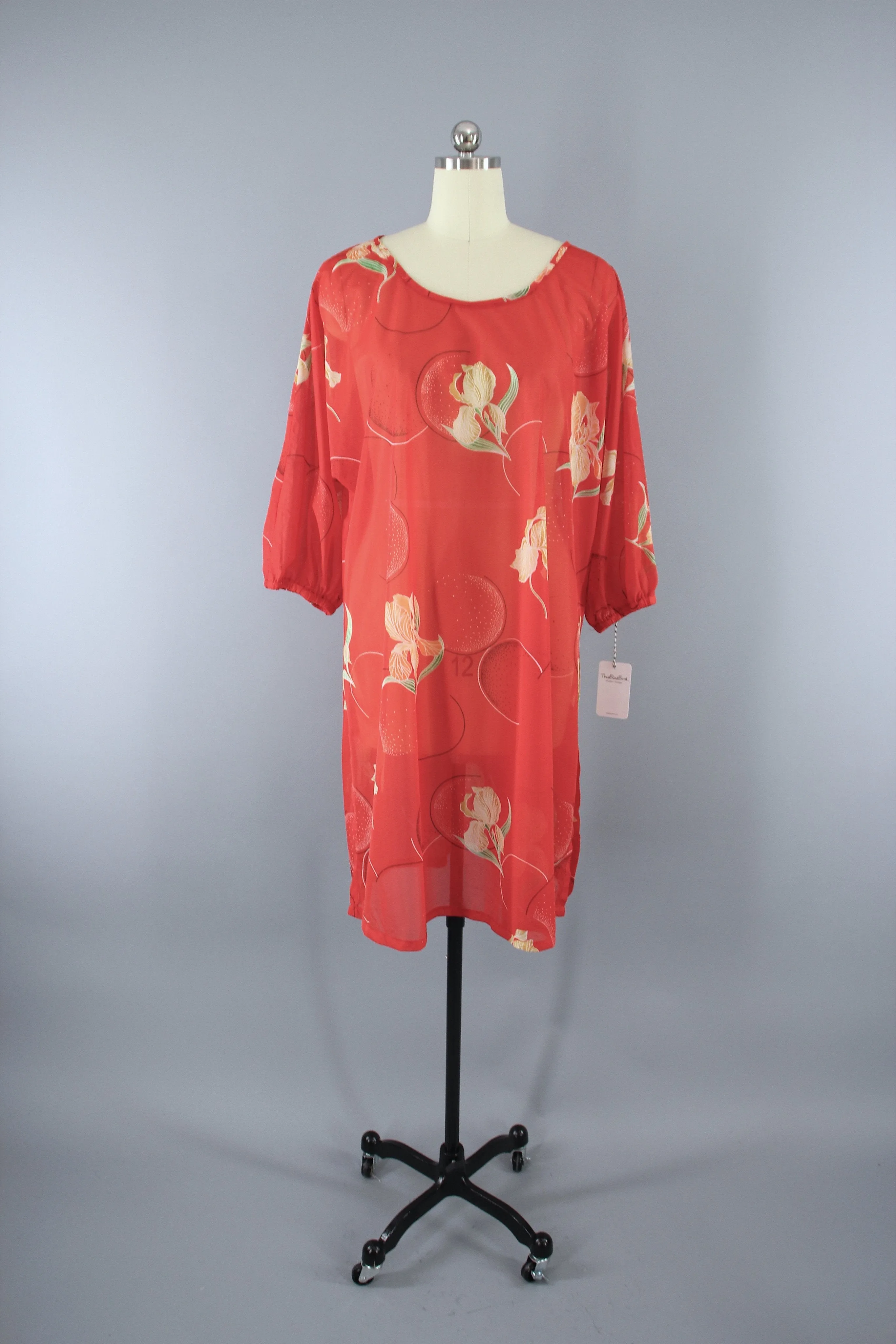 Vintage 1970s Orange Floral Print Chiffon Caftan Dress Swim Cover