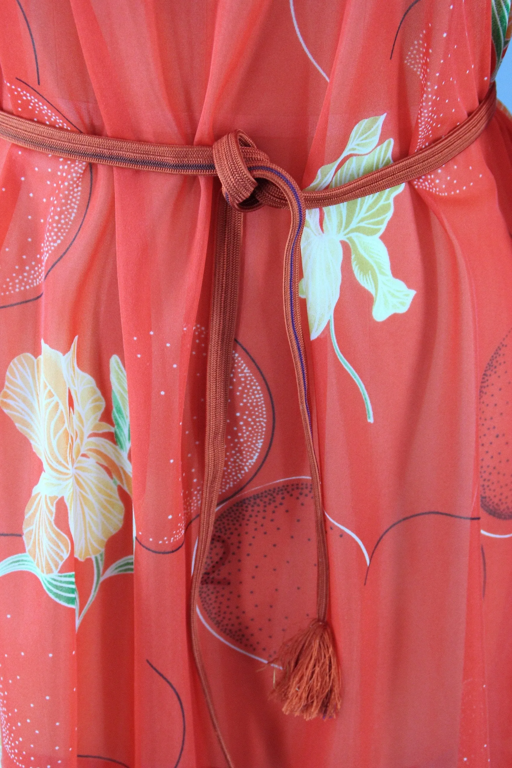 Vintage 1970s Orange Floral Print Chiffon Caftan Dress Swim Cover