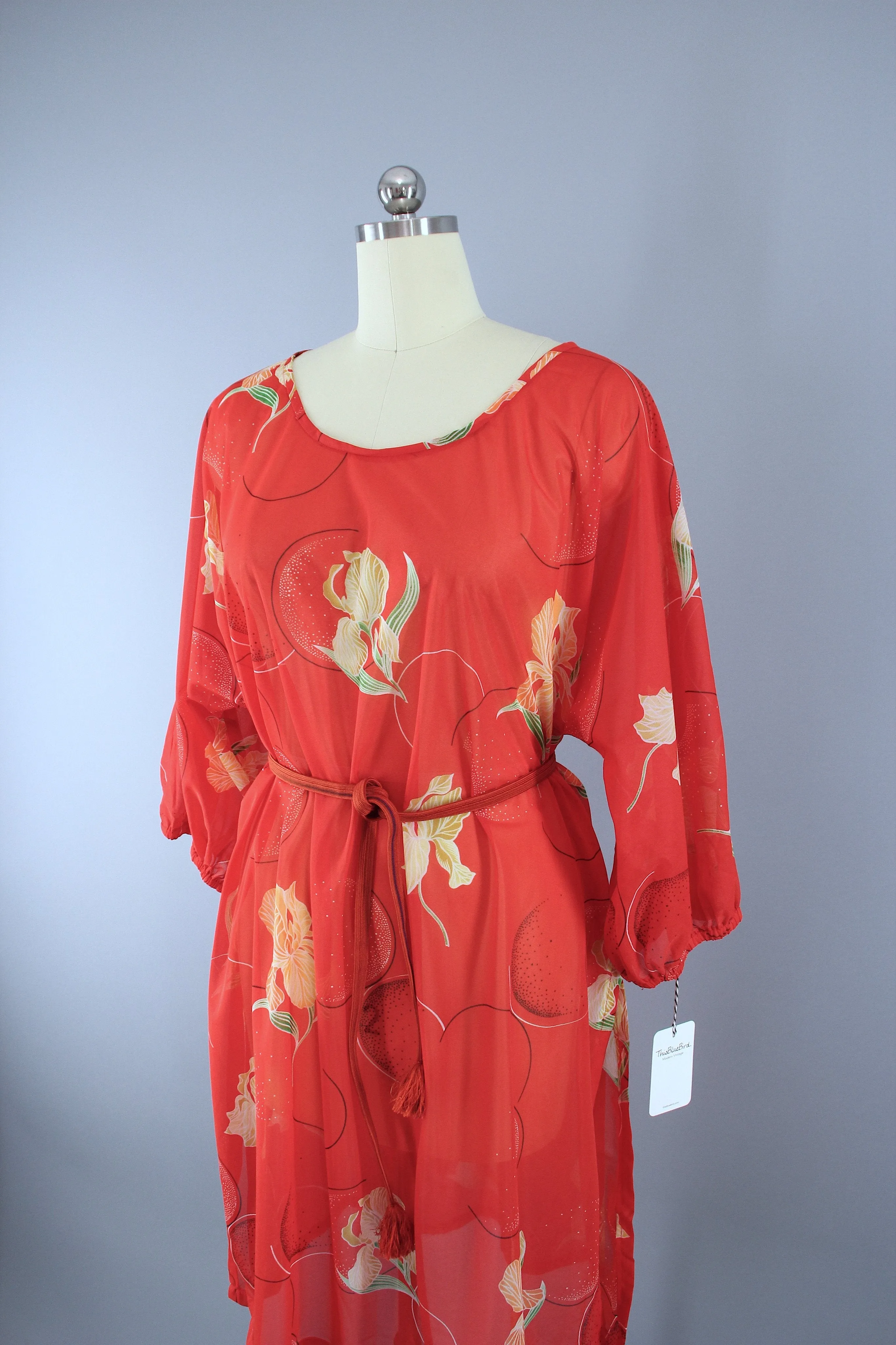 Vintage 1970s Orange Floral Print Chiffon Caftan Dress Swim Cover