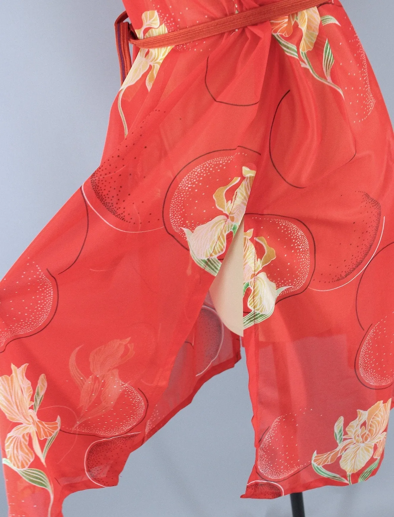Vintage 1970s Orange Floral Print Chiffon Caftan Dress Swim Cover