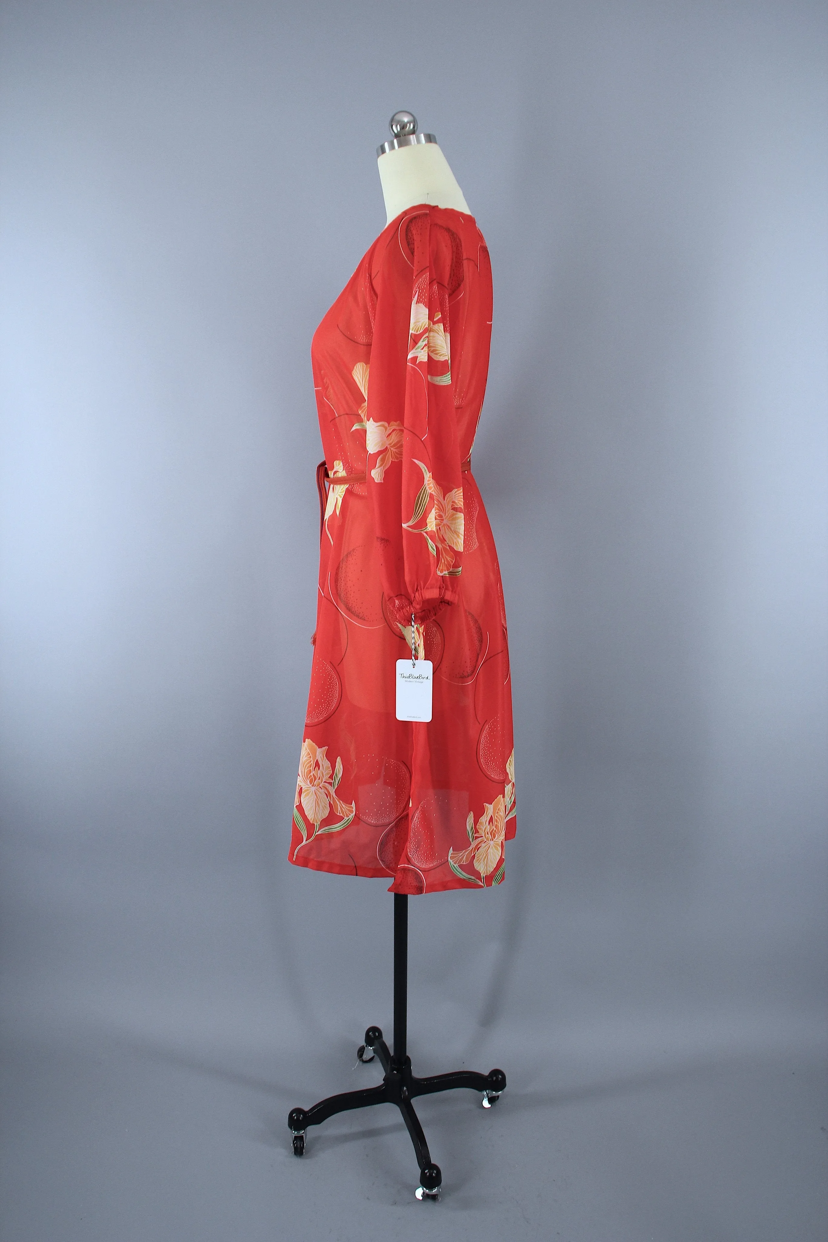 Vintage 1970s Orange Floral Print Chiffon Caftan Dress Swim Cover