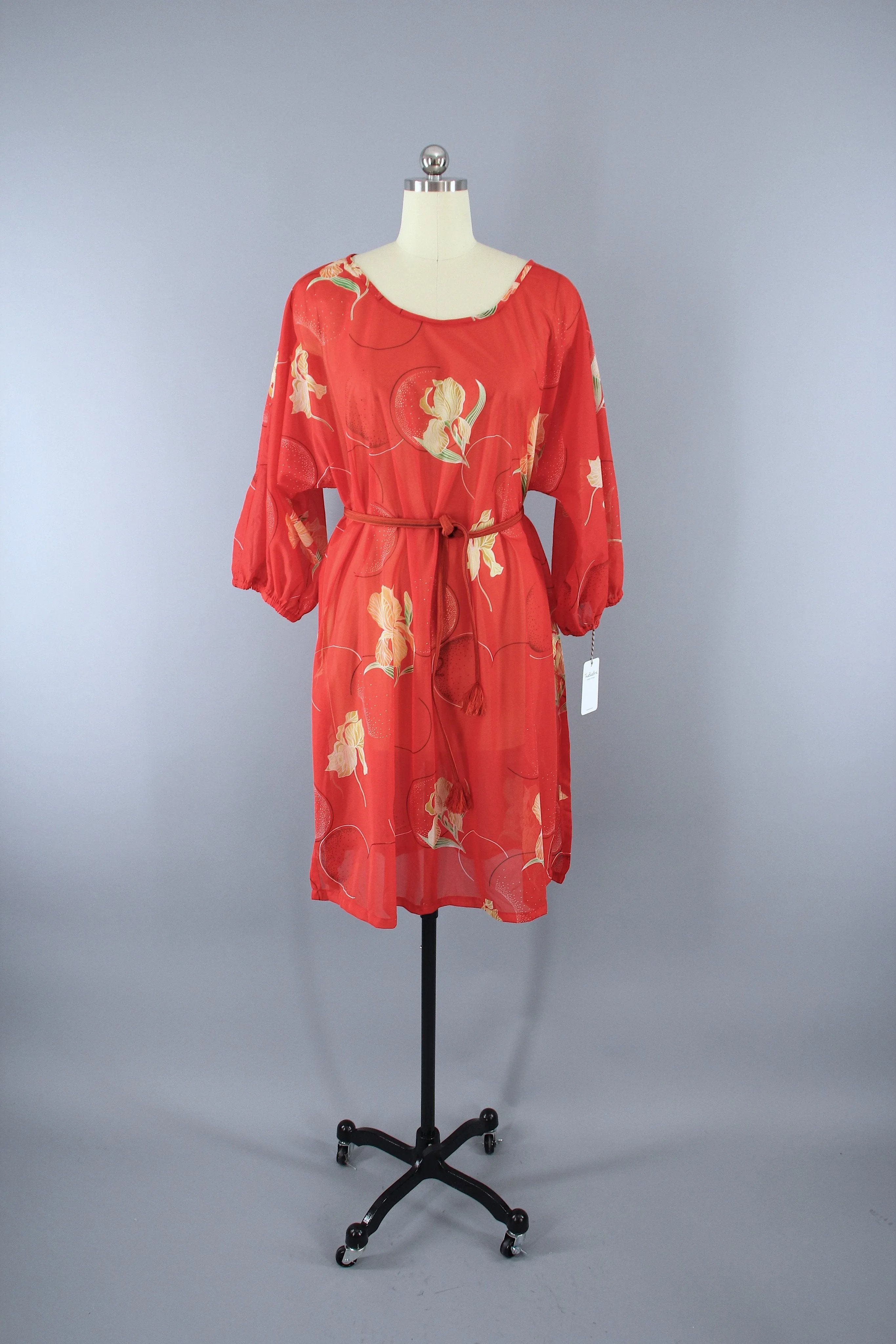 Vintage 1970s Orange Floral Print Chiffon Caftan Dress Swim Cover