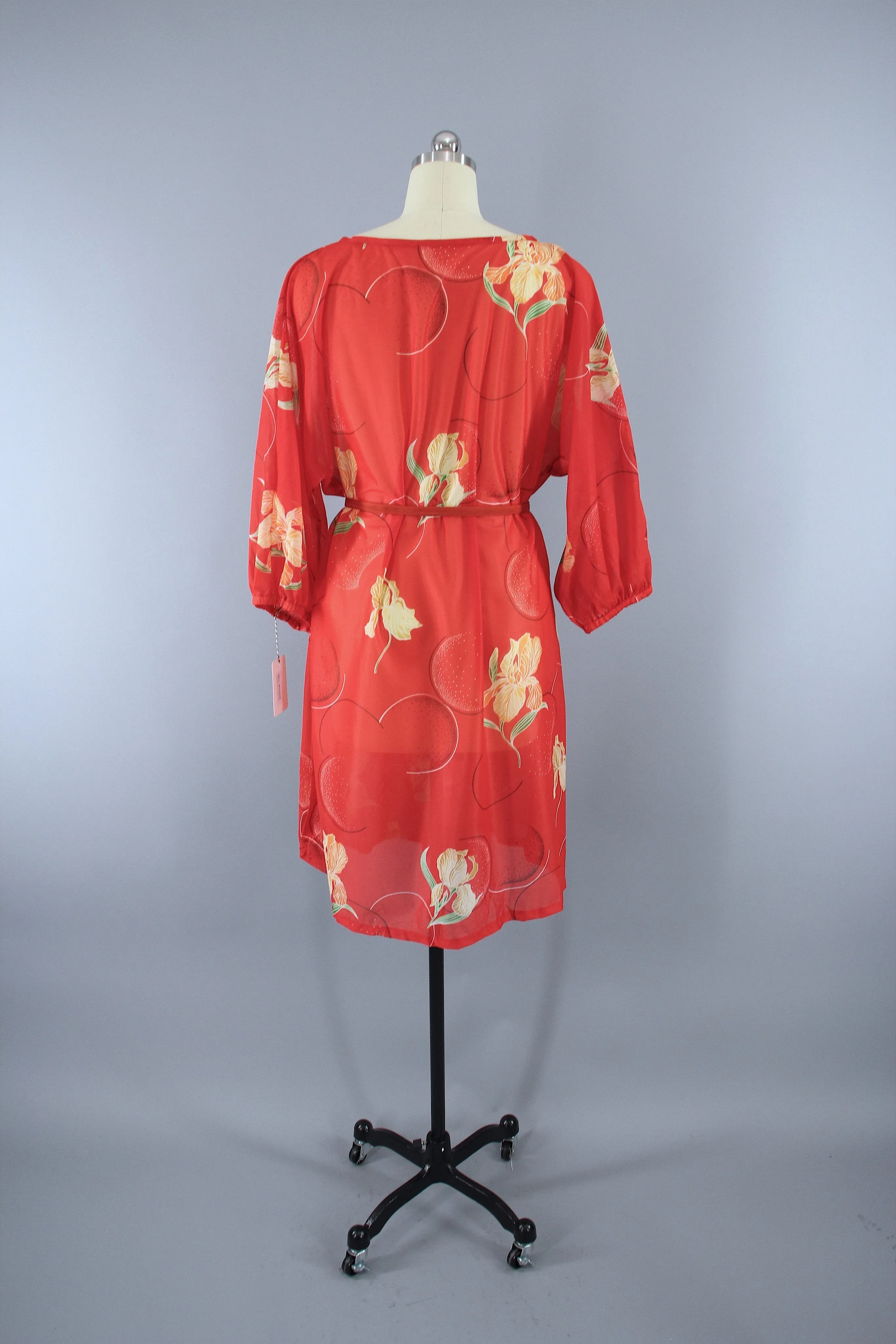 Vintage 1970s Orange Floral Print Chiffon Caftan Dress Swim Cover