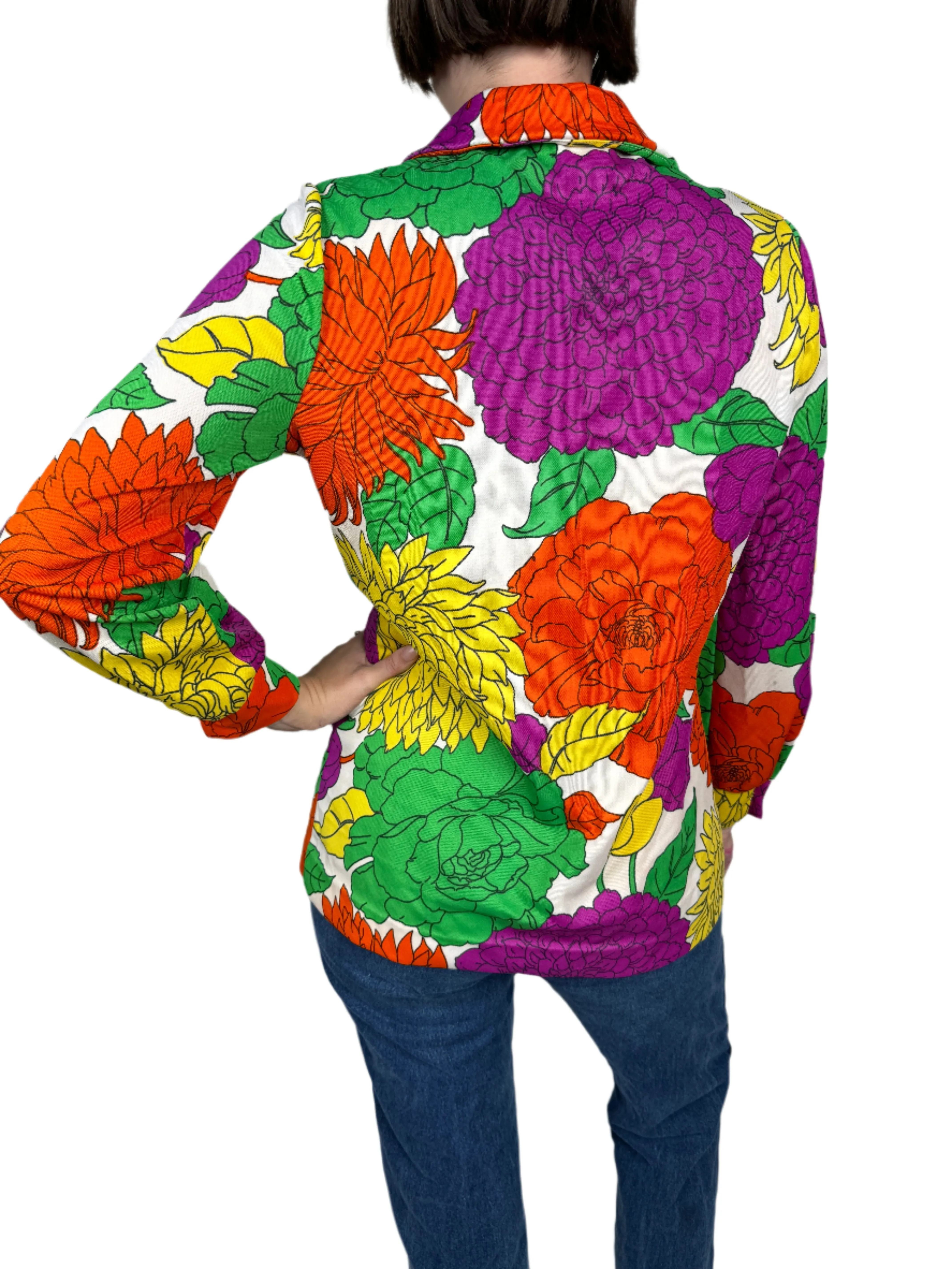 White Floral Graphic Polyester Shacket 1970s
