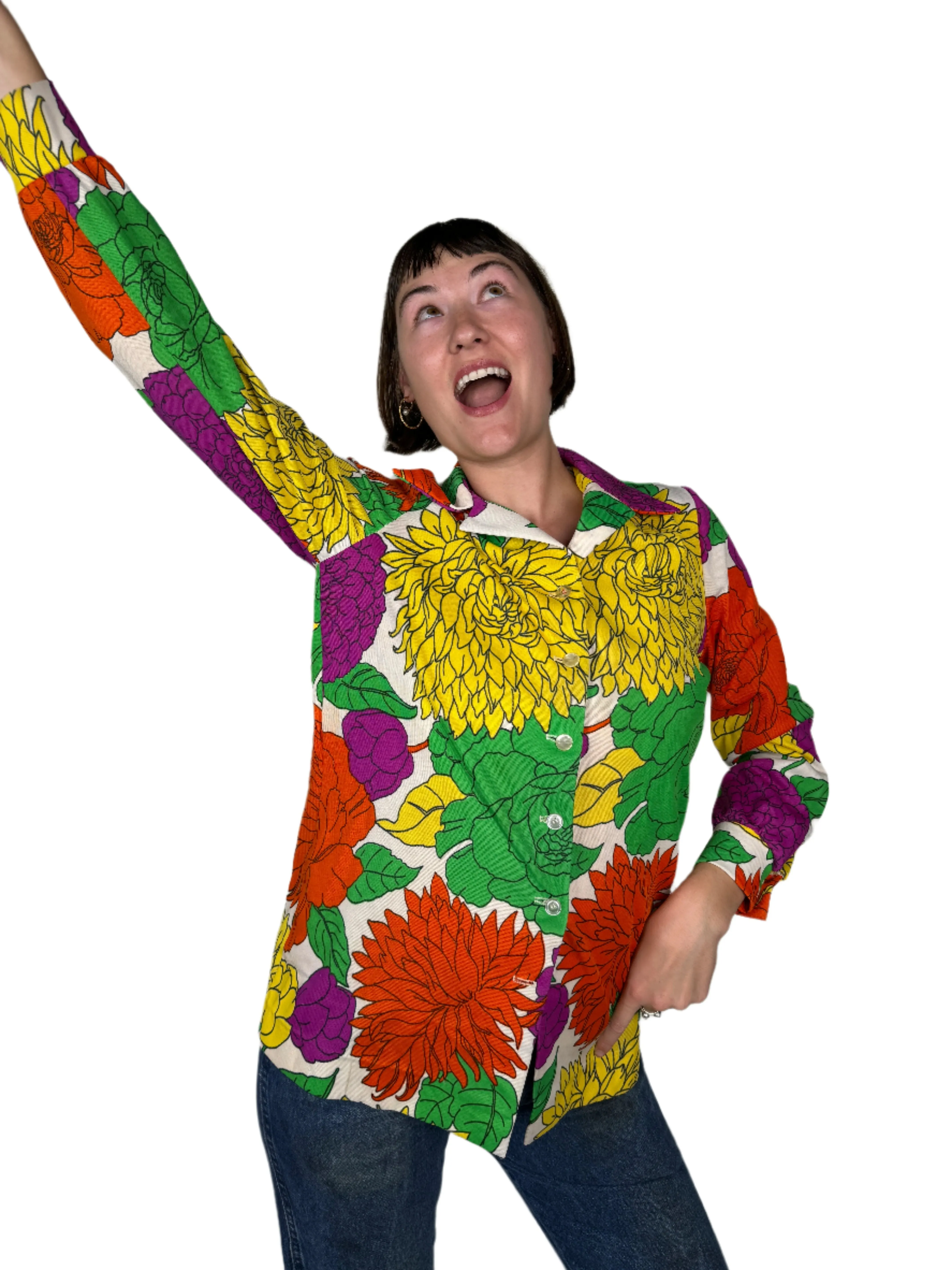 White Floral Graphic Polyester Shacket 1970s