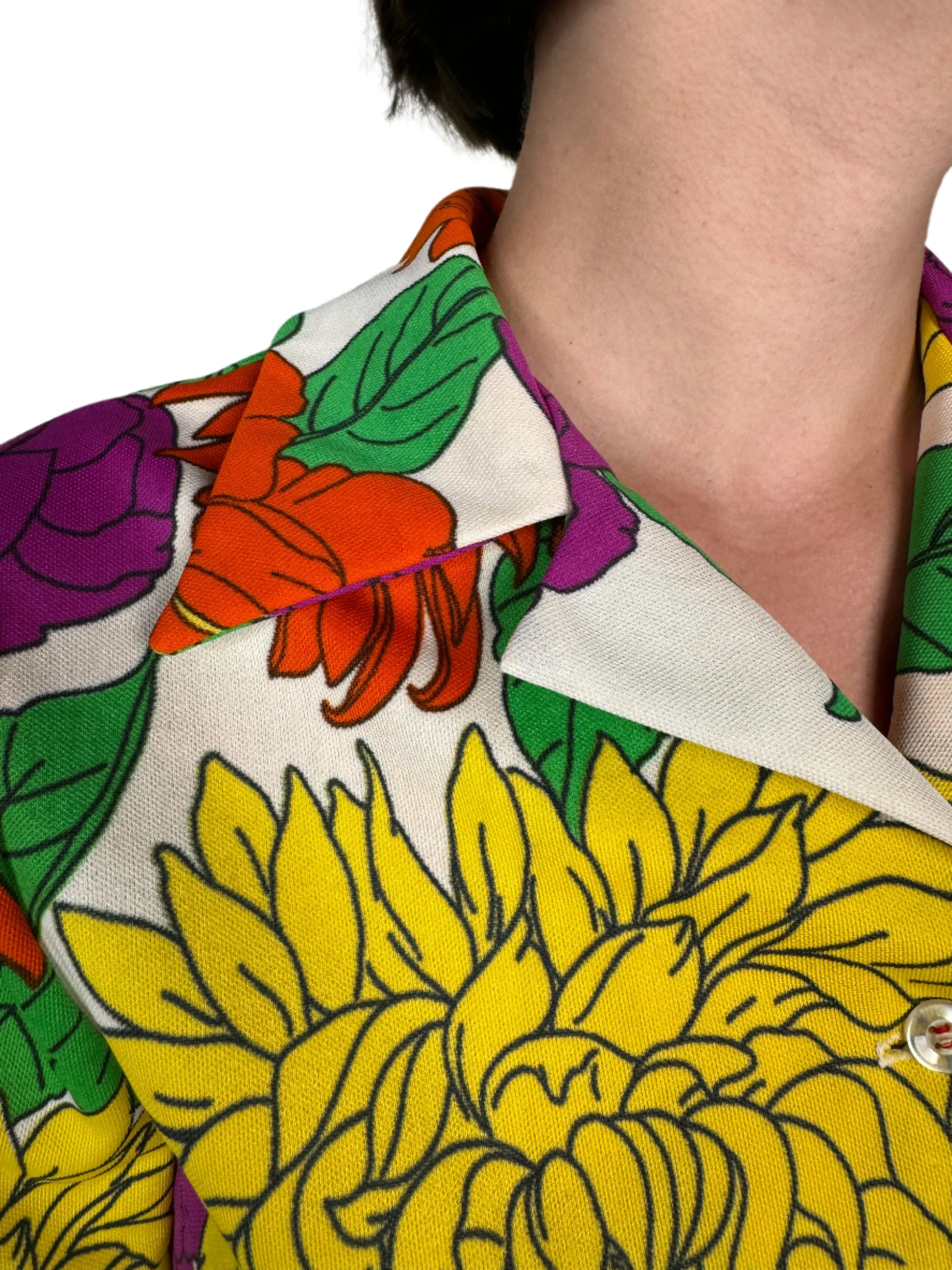 White Floral Graphic Polyester Shacket 1970s