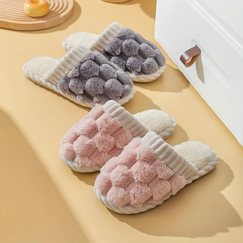 Women's Fluffy Fleece Slides Winter Indoor House Slippers - Solid Color, Slip-On Round Toe, Cozy Flannel Upper, Lining & Insole with EVA Sole, Non-Slip Flat Heel